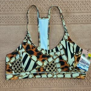 Emme Jordan Swim Top L Padded Racerback Chain Animal Print Bikini Bra